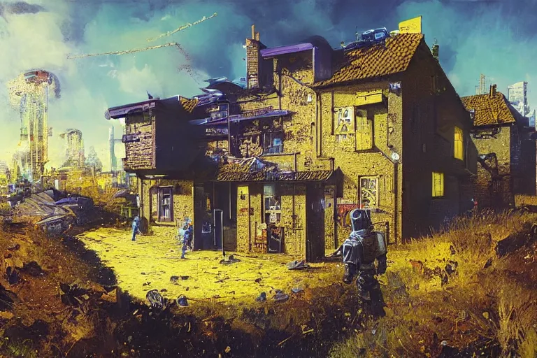 Prompt: cyberpunk, an estate agent listing external photo of a 5 bedroom detached house made of gold in the countryside, sunny day, clear skies, by Paul Lehr