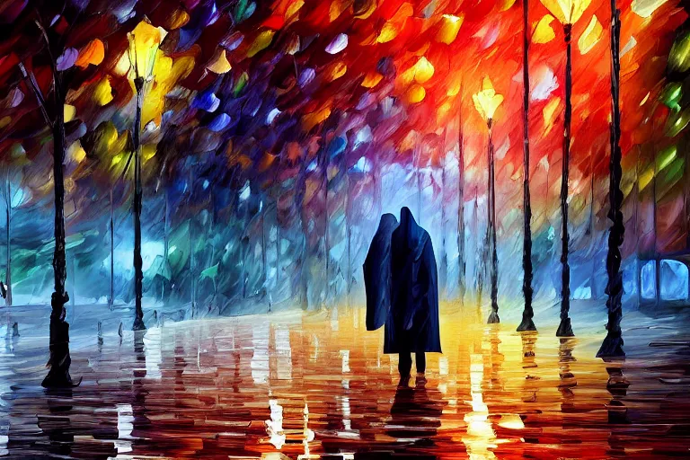 Prompt: park at night, two cloaked figures, artstation, by william degouve de nunqcues, rain puddles, background glitched cyber city by leonid afremov