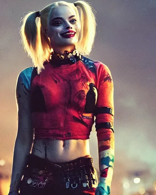 Prompt: gorgeous suicide squad margot robbie that looks like harley quinn, long blonde hair and big eyes, beautiful smile, finely detailed perfect face, standing on the wet street at sunset, a movie directed by christopher nolan, movie still frame, promotional image, imax 7 0 mm footage