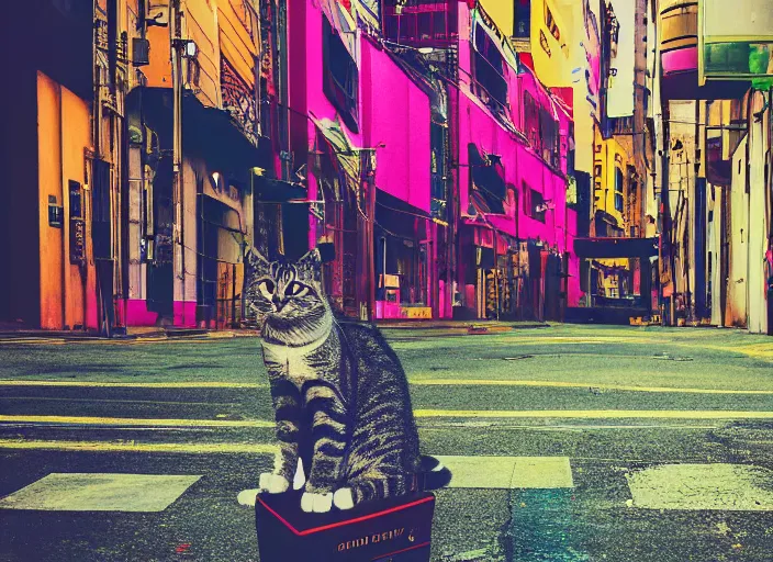 Image similar to photography of a Cat sitting on a box. in a cyberpunk street, award winning photo, saturated, colored, colors, 100mm, sharp, high res