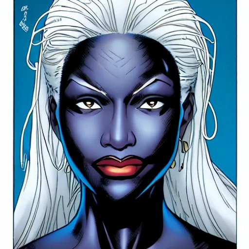 Image similar to Portrait of Ororo Munroe, a beautiful African woman in her 30s, with white hair and piercing blue eyes, symmetrical face, detailed face, gentle face, kind expression, heroic, graphic novel, art by Chris Bachalo and Michael Choi and Alan Davis,