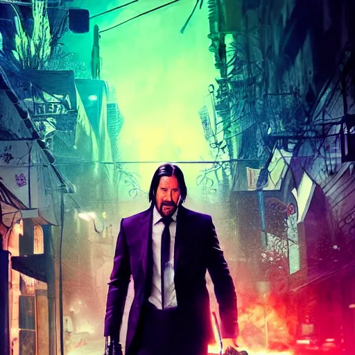 Prompt: Keanu Reaves riding a unicorn thought a HDR neon lit alley, a still shot from John Wick 2, holding a gin, holding an mk-18 at character dressed as Luigi from Mario, epic fantasy style, digital art, 8k high defition