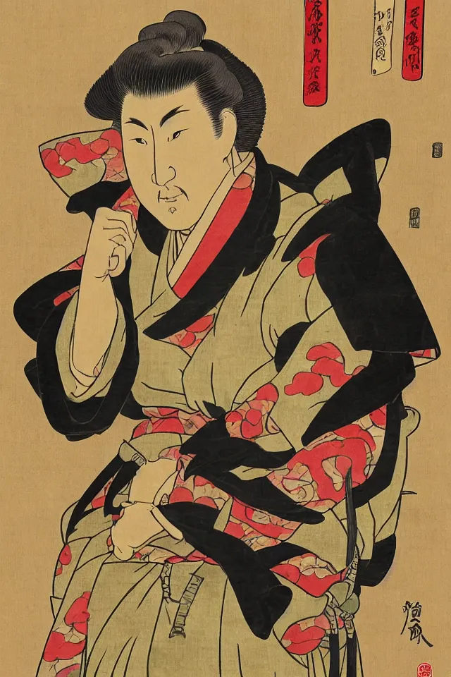 Prompt: a portrait of chow yun - fat in samurai armor, in the art style of ukiyo - e, sengoku - era art style, artistic 4 k
