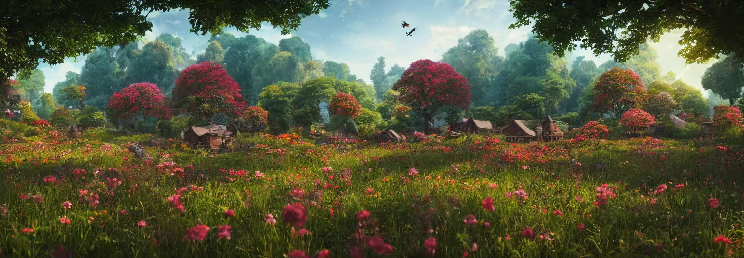 Image similar to large central crimson - black beehive in a beautiful forest meadow village landscape, flowers, happy trees, photorealistic, octane render, rtx, hdr, unreal engine, digital art widescreen 8 k, studio ghibli, bob ross, pixar, bee movie, disney