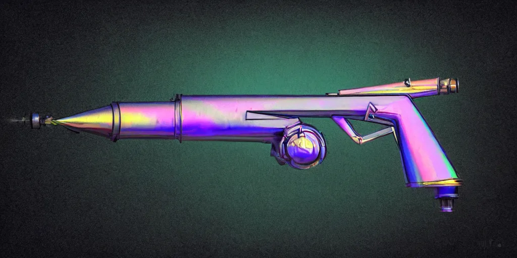 Prompt: unstable exotic matter powered sci - fi ray - gun concept, well defined mechanical features, triadic chrome shading, iridescent pastel liquid energy tank, dark background, softglow, sharp focus, full device, vintage style, charcoal and champagne