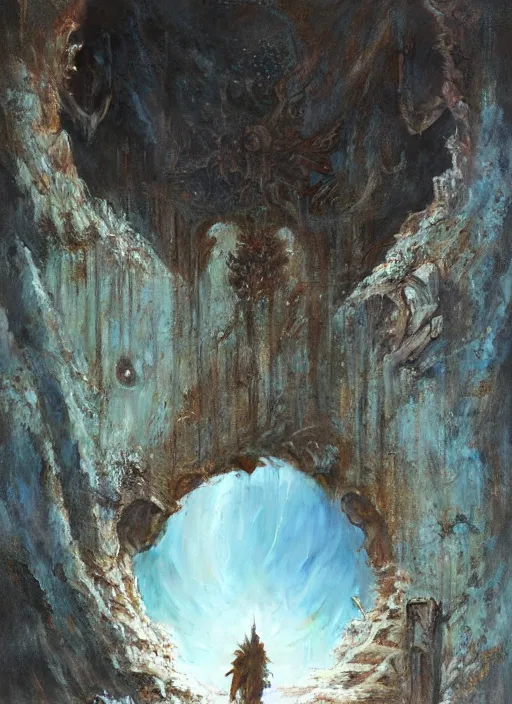 Image similar to ancient singular portal into godhood on a barren hellish exoplanet, philosophical concept illustrated by James Gurney and Zdislaw Beksinski and Dariusz Zawadski and Greg Rutkowski