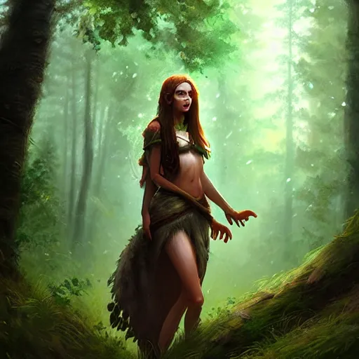 Image similar to a pretty female druid surrounded by forest animals, in the woods, hyper realistic, digital painting, photorealistic, in the style of greg rutkowski, highly detailed, cinematic