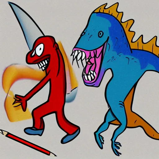 Image similar to a colorful cartoon vampire being chased by a pencil sketched dinosaur