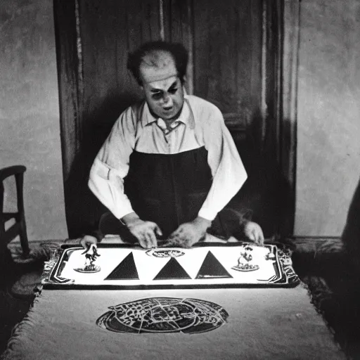 Image similar to Romani Prodi summoning spirits with an Ouija board