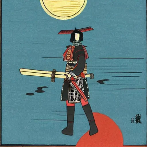 Prompt: Samurai standing in the middle of the lake with a big sun above him and clody sky, single color, Woodblock print, clean ink detailed line drawing