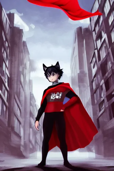 Image similar to little boy with cat ears in an black outfit with red cape. digital artwork made by lois van baarle and kentaro miura and marc simonetti, sharpness focus, inspired by hirohiko araki, anatomically correct, heroic composition, hero pose, smooth, city