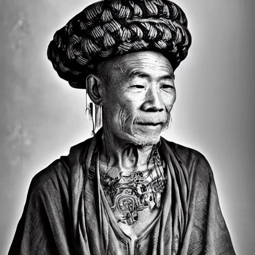 Prompt: black and white old photo of a hippie Chinese man, portrait, high detail, earrings, tattoos