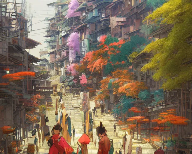 Image similar to street-level view of a great, colorful kitsune city, bamboo, flowers, anime, fox people, a fantasy digital painting by Greg Rutkowski and James Gurney, trending on Artstation, highly detailed