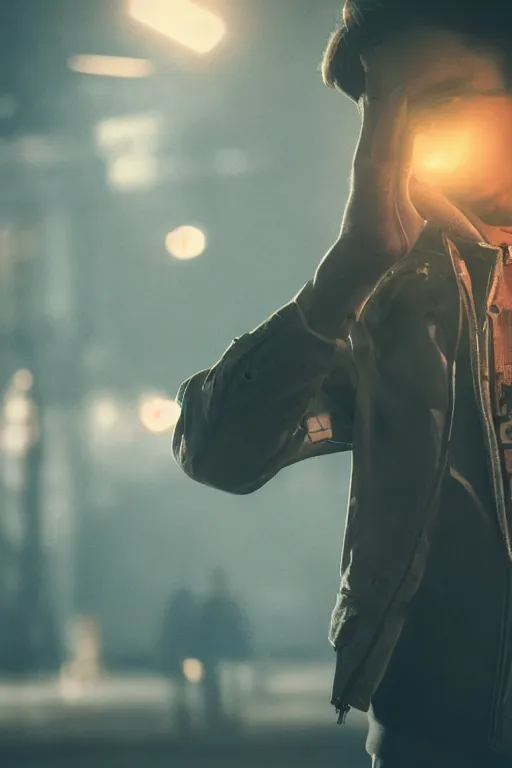 Image similar to very detailed portrait man using a soviet-era jacket with his arm up, splash art, movie still, cinematic lighting, dramatic, octane render, long lens, shallow depth of field, bokeh, anamorphic lens flare, 8k, hyper detailed, 35mm film grain