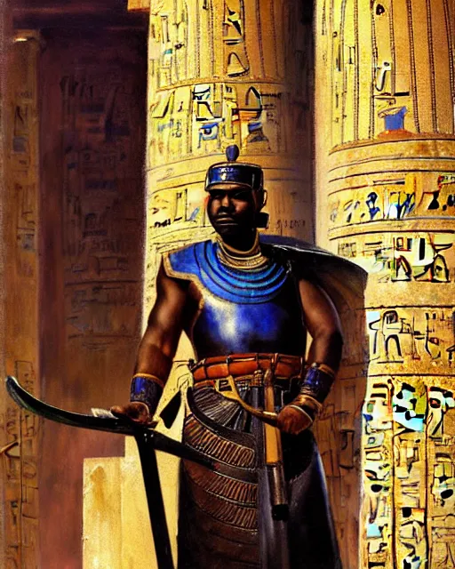 Prompt: oil - painting portrait of ancient nubian temple guard, armed with a long curved sword, dressed in leather and robes, standing guard of an old egyptian temple gate, art by craig mullins and anders zorn