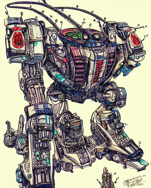 Prompt: beautiful schematic of an alien combat robot made of nuclear engine parts, mix of styles, schematic, solarpunk, illustration, intricate, highly detailed, sharp lines, studio ghibli color scheme