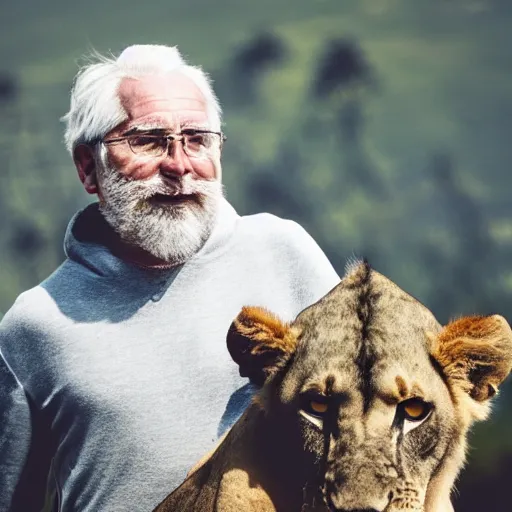 Prompt: old man ( long white beard and a hood ) riding on lions back