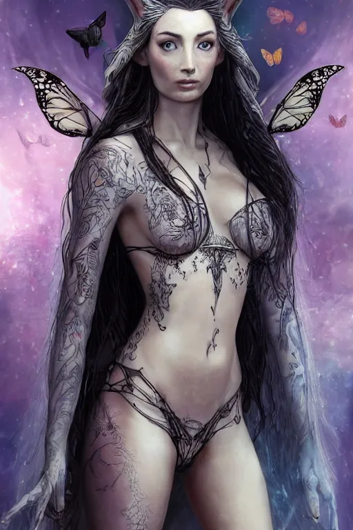 Prompt: Photorealistic frontal standing pose portrait of Emily Ratajowski as Sexy Galadriel , heavily tattooed with elvish runes all ober, surrounded by butterflies, push-up underwire, beautiful flowers on her hair. Intricate, concept art, magic lighting overlays, magical portal opened, D&D!, fantasy style, sharp focus!, ultra detailed, art by Artgerm and Peter Andrew Jones, WLUP, Magali Villeneuve