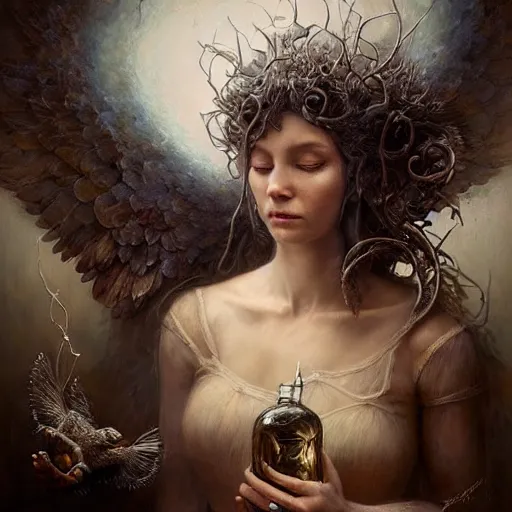 Image similar to a beautiful detailed 3 d matte portrait of a angel, by ellen jewett, by tomasz alen kopera, by justin gerard, ominous, magical realism, texture, intricate, whirling smoke, alchemist bottles, radiant colors, fantasy, volumetric lighting, high details