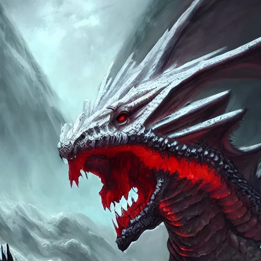 Prompt: a huge white terrifying dragon with red eyes, fantasy concept art, intricate detail