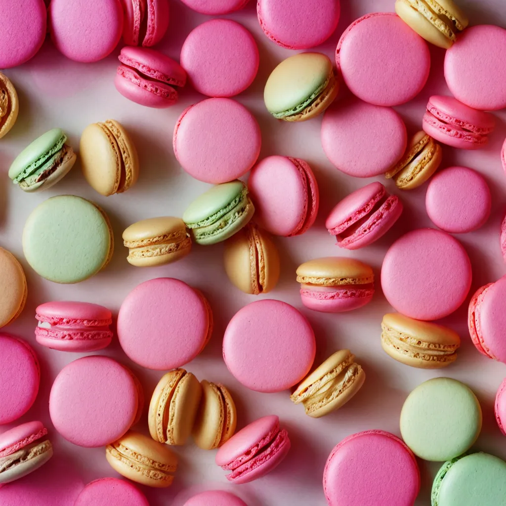 Prompt: top-down view of macarons on top of a pink surface, 8k, high detail, photorealistic, proper shading