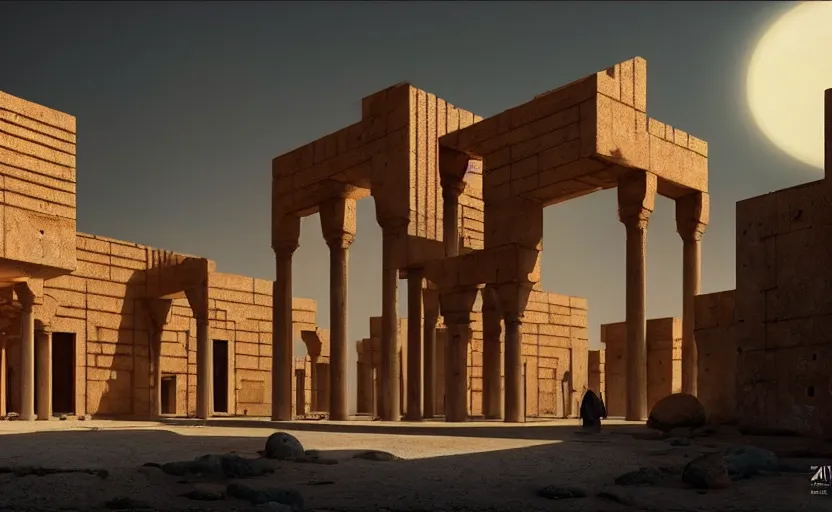 Image similar to exterior shot of utopian ancient persian architecture with cinematic lighting by peter zumthor and renzo piano, darek zabrocki and greg ruthkowski, simon stalenhag, m. c. escher vibe, cinematic, holy place, paradise, scifi, futurism, atmospheric, concept art, artstation, trending on artstation