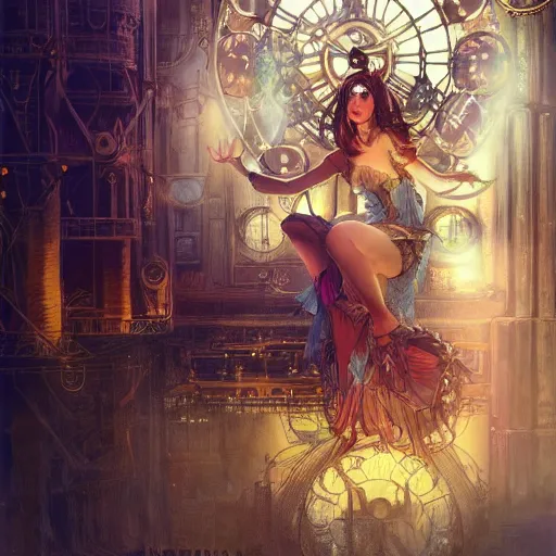 Prompt: ultra realistic illustration of steampunk magical fairy, clocktower, industrial, factory, magic spells, lenses, colorful lights, intricate, elegant, highly detailed, digital painting, artstation, concept art, smooth, sharp focus, illustration, art by artgerm and greg rutkowski and alphonse mucha