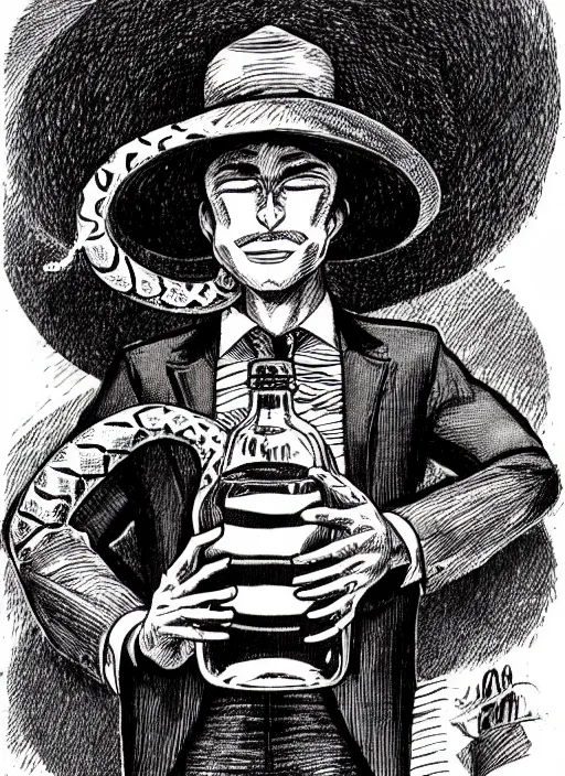 Image similar to portrait of a snake oil salesman wearing a snake suit and wide brimmed hat offering you a bottle of serum formula, art by Kentaro Miura