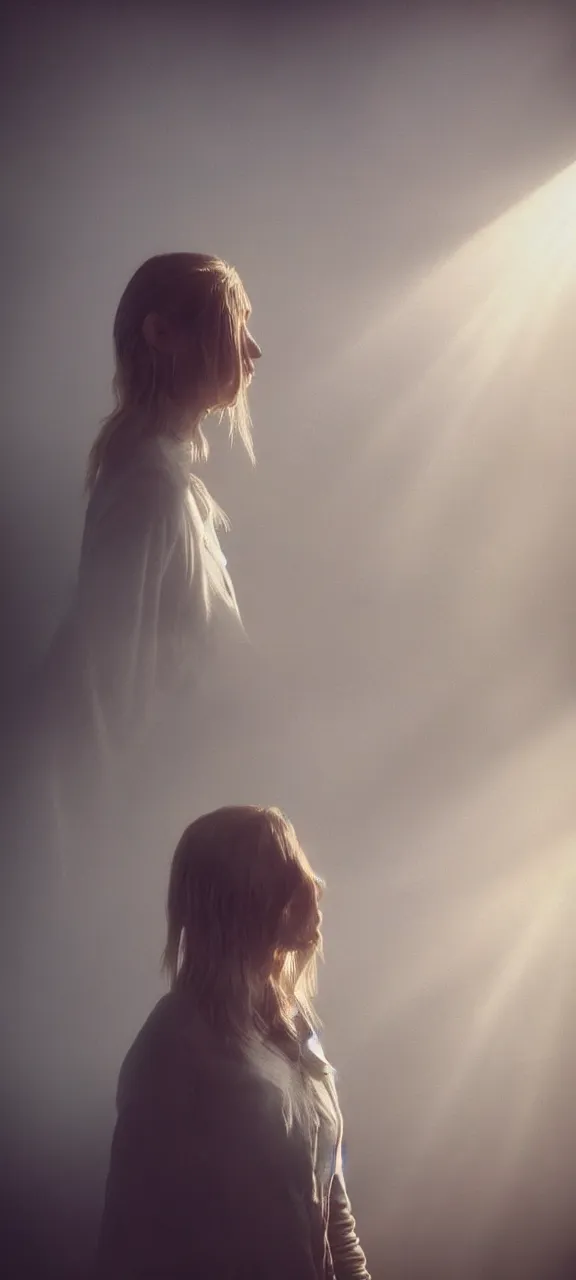 Image similar to very very beautiful photograph of emily skinner looking like annie leonhart standing next to a window god rays shining on her from the sunlight, volumetric fog, smoke, depth of field, beautiful composition, very very very beautifull face, on artstation and instagram