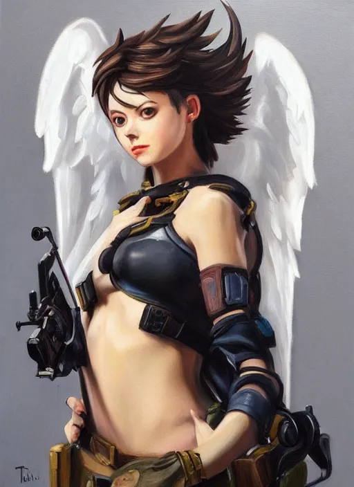 Image similar to oil painting of tracer overwatch in the style of sophie anderson, on knees, angel wings, black outfit, dramatic painting,