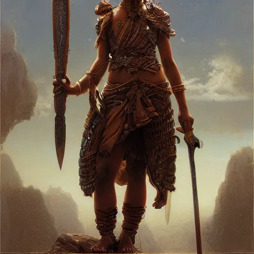 Image similar to artstation concept of a beautiful girl holding a sword in both hands, brown skin, sweaty skin, symmetrical face, casual white garment, brown canyon background, shiny colorful, hyperdetailed, artstation trending, world renowned artists, worth1000.com, historic artworks society, antique renewel, cgsociety, by greg rutkowski, by Gustave Dore, Deviantart