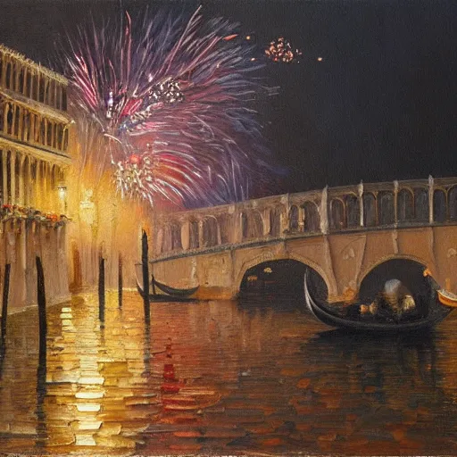 Image similar to an oil painting of couple kissing, in a background fireworks in venice