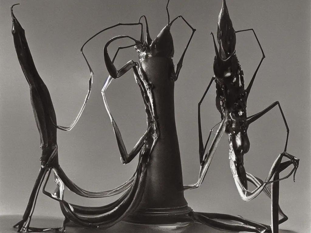 Prompt: sculpted artistic gothic candle amphora in the shape of a praying mantis. karl blossfeldt, salvador dali