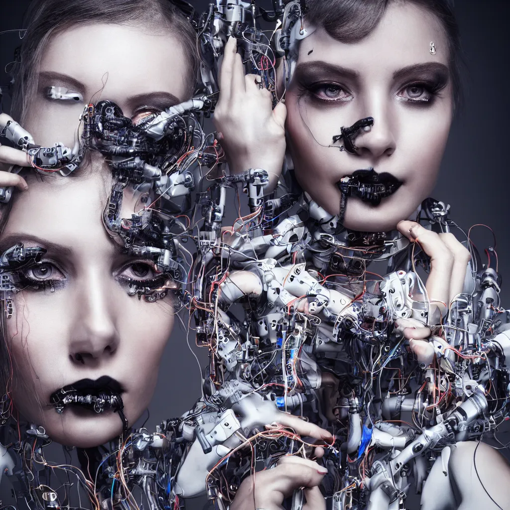 Prompt: full front face of one cyborg woman front facing portrait smiling emotionally with wiring and circuitry, goth makeup, seductive, nikon, super focus, halo, wearing crown, braided hair, cinematic, studio lighting, 8 5 mm, 1 5 0 mm, extremely detailed, octane render, breathtaking, hyperrealistic, perfect face,