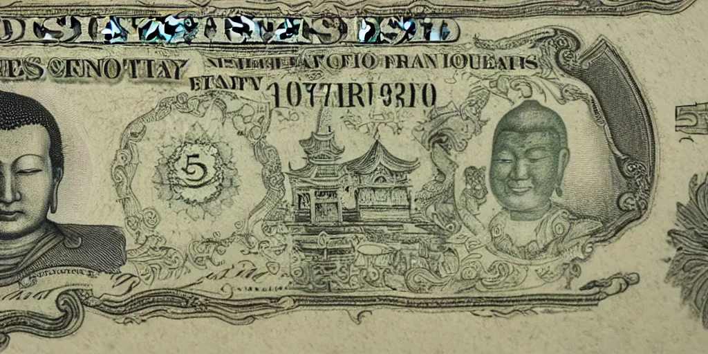 Image similar to 5 dollar bill with a buddha on it, high details