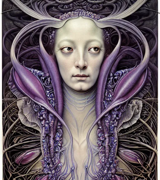 Image similar to detailed realistic beautiful orchid mantis goddess face portrait by jean delville, gustave dore, iris van herpen and marco mazzoni, art forms of nature by ernst haeckel, art nouveau, symbolist, visionary, gothic, neo - gothic, pre - raphaelite, fractal lace, intricate alien botanicals, ai biodiversity, surreality, hyperdetailed ultrasharp octane render