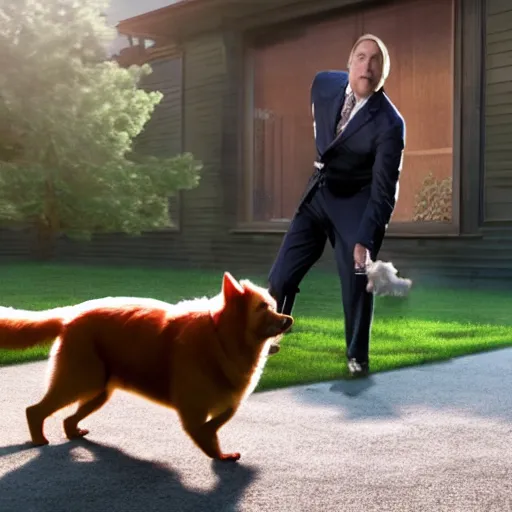 Image similar to Saul Goodman playing with a pomerania dog, open shot, movie still, outdoors, photorealistic, clean, detailed