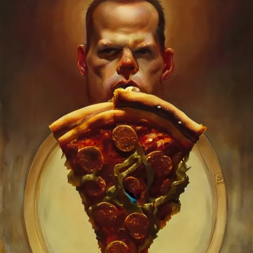 Prompt: portrait of fully dressed pizza as doomguy by alexander mcqueen, by roberto ferri, by tom bagshaw, by j. c. leyendecker and klimt, by austin osman spare, highly detailed oil painting, very intricate, cinematic lighting, award - winning, american romanticism, artstation, cgsociety, official art, octane