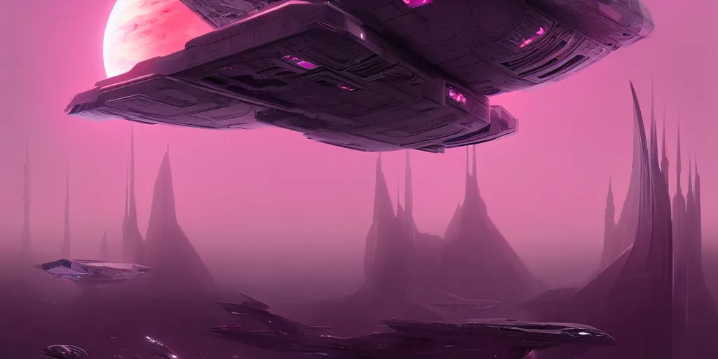 Image similar to futuristic space station 3 d concept art, cinematic lighting, intricate details, building by zaha hadid, pink sunset, emissary space by arthur haas and bruce pennington and john schoenherr, cinematic matte painting, dark moody monochrome colors, trending on artstation, featured on behance