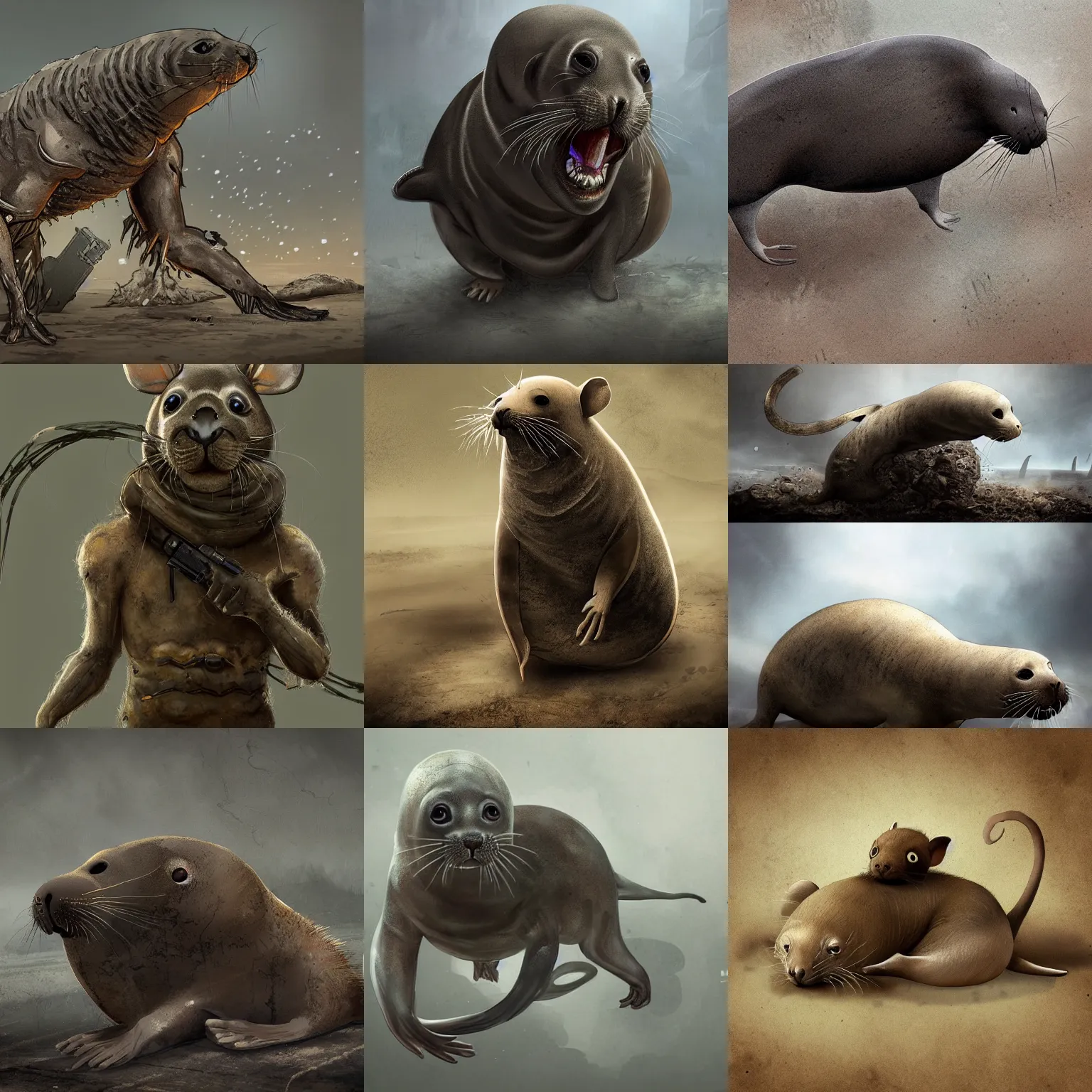 Prompt: seal mouse chimera, post apocalyptic, award winning digital art, featured on artstation