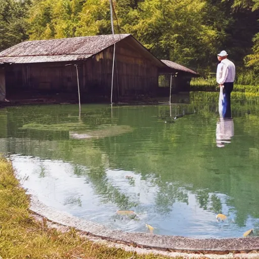 Prompt: a Philosopher visits a fish hatchery in the rural countryside. Realistic, photographic quality.