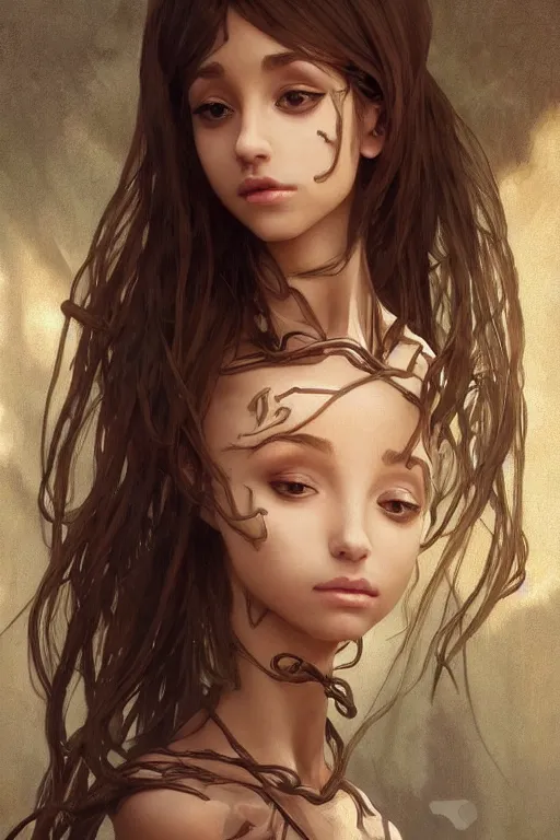 Image similar to malnourished cottagecore anorexic Ariana Grande , unhealthy skinny, sad and unhealthy, intricate, elegant, highly detailed, digital painting, artstation, concept art, smooth, sharp, focus, illustration, art by artgerm and greg rutkowski and alphonse mucha