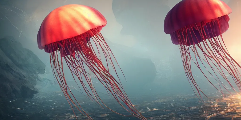 Prompt: jellyfish. this 4 k hd image is trending on artstation, featured on behance, well - rendered, extra crisp, features intricate detail and the style of unreal engine. volumetric lighting