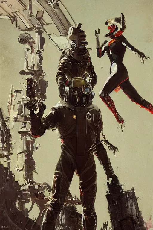 Prompt: pulp scifi fantasy illustration full body portrait of huge martian standing beside elegant woman wearing latex spacesuit, by norman rockwell, jack kirby, bergey, craig mullins, ruan jia, jeremy mann, tom lovell, 5 0 s, astounding stories, fantasy