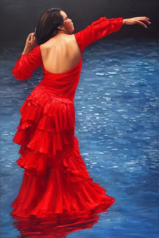 Prompt: detailed oil painting of spanish flamenco dancer standing in water, wearing a dress red dress that's floating, midnight, moon, dimly lit, looking away, dark shadows, ethereal, photo realistic, high definition, 4 k, slr