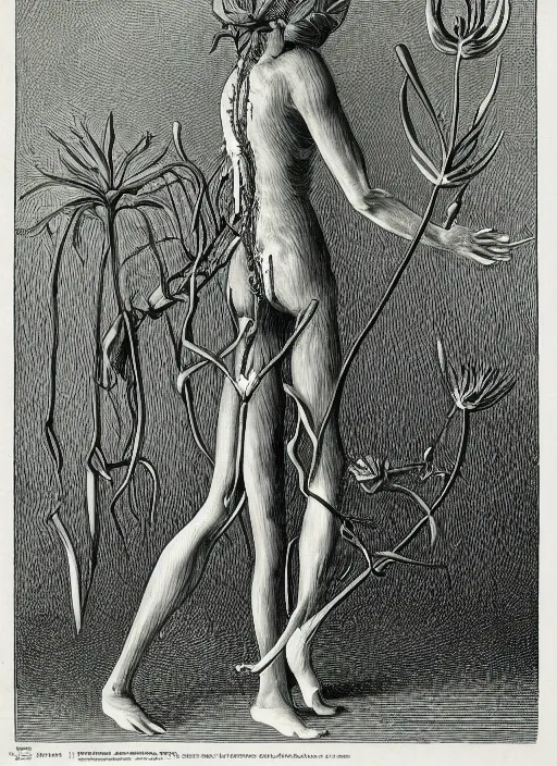 Image similar to fantasy scientific botanical illustration of a green tall plant walking around with human legs