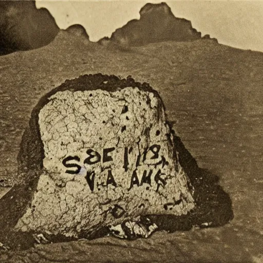 Prompt: An old, creepy, but very detailed photograph found of a suspicious rock near a lava lake with a very difficult equation written on it.