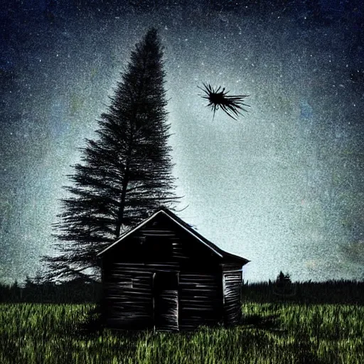 Image similar to towering forgotten cabin. masterpiece digital art, nightmare. lonely. dark, scary. endless tall trees in the background. scary morbid scarecrow in for ground. nighttime. dreamlike. the moon shines.