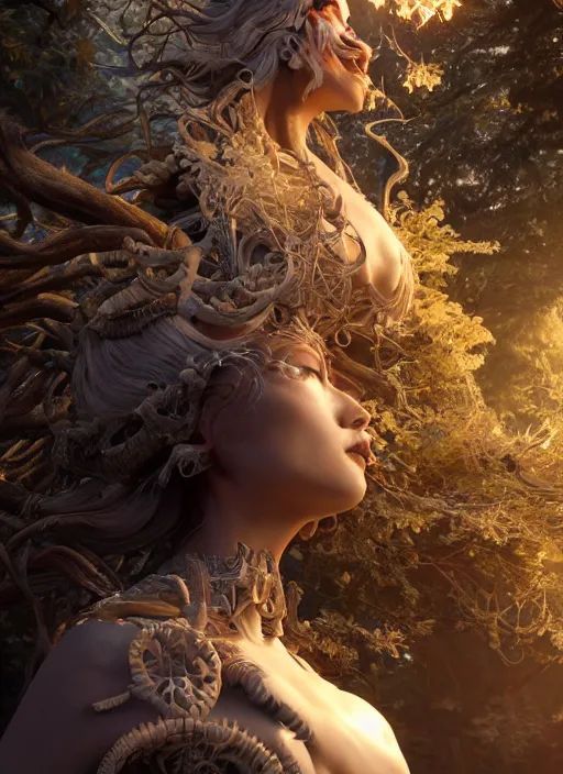 Image similar to sumptuous biomechanical incredible hair, masterpiece crystalline incrustations, hyperdetailed face, elegant pose, movie still, intricate, octane render, cinematic forest lighting, cgsociety, unreal engine, crepuscular rays, god rays