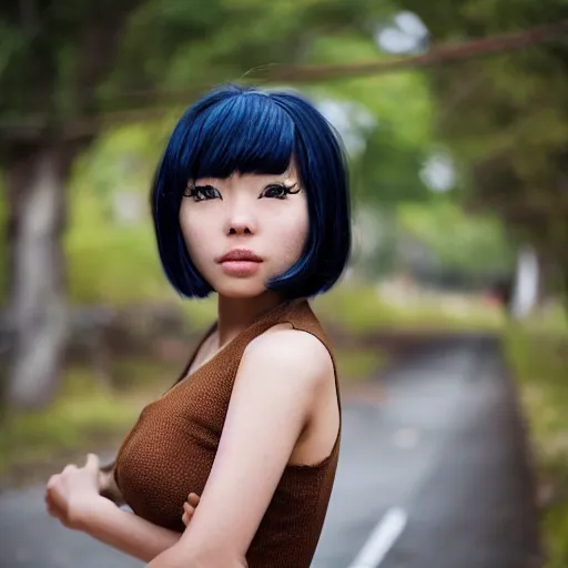 Image similar to Beautiful Asian girl cosplaying as the Fallout 4 sole survivor, photographed on a slight overcast day on dilapitated street on Ikeshima island, Nikon D7100 with a Nikon 50mm F1.8, a Nikon 85mm F1.8, Golden hour, expressive face,